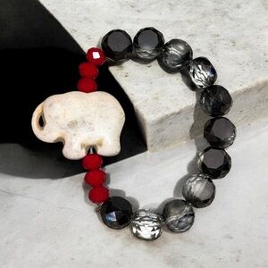 Elephant Beaded Bracelet with Red and Gray Beads